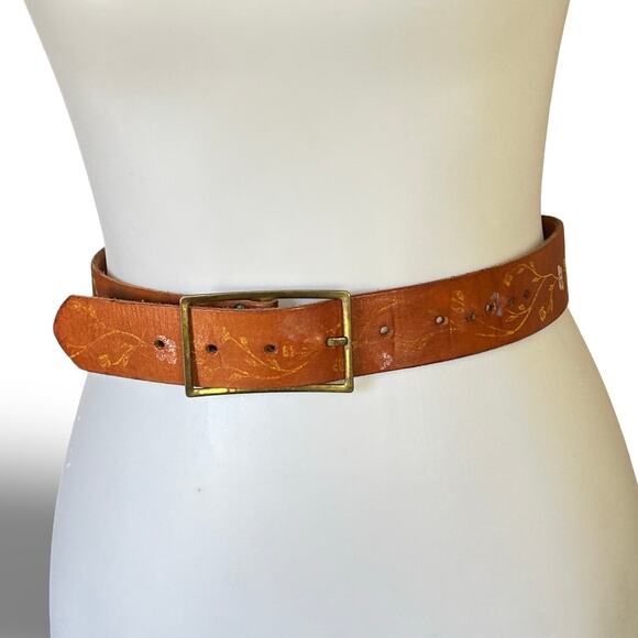 VTG 70s Hand Painted Floral Leather Belt Brass Buckle main image 7